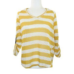 Umgee Yellow &amp; White Open Knit Pullover Lightweight Sweater Roll Tab